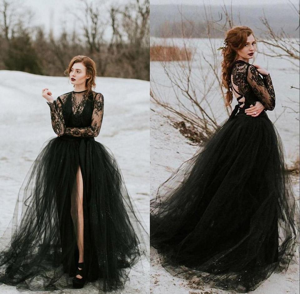 

Vintage Bobemian Black Lace Tulle Gothic Wedding Dresses With Long Sleeves Sexy Sheer Top Slit Skirt Women Non White Bridal Gown New Arrival, Silver