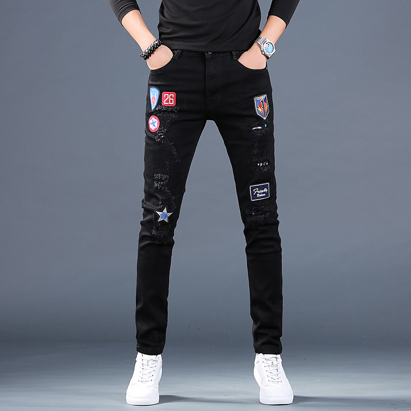 

Summer Embroidered Ripped Patch Jeans Streetwear Men Stretch Black Jean Man Fashion Straight Slim Fit Cotton Denim Pants