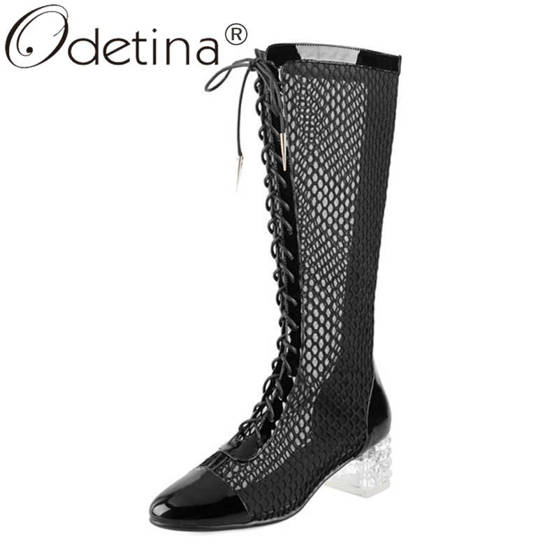 

Odetina Women New Block Mid Heel Round Toe Cross-tied Knee High Boots Female Sexy Air Mesh Lace Up Breathable Fashion Long Boots, Black