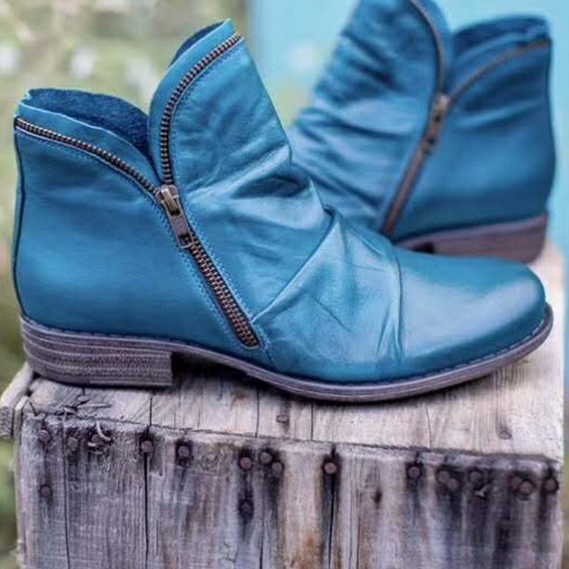 

Women PU Leather Ankle Boots Women Autumn Winter Zipper Vintage Punk Boots Flat Ladies Shoes Flat Short Snow Mujer, Red