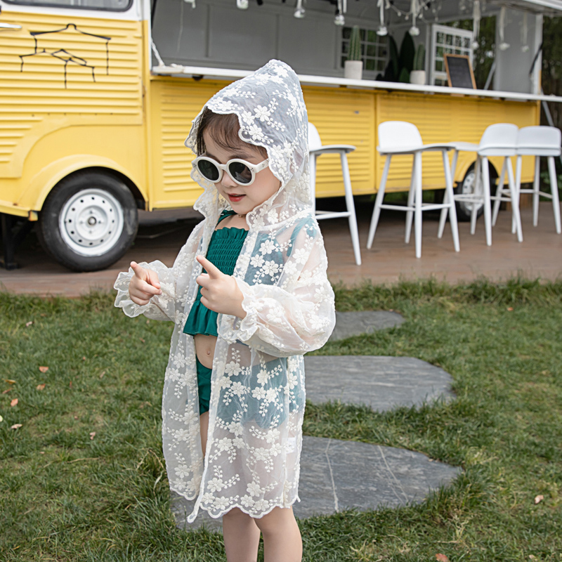 

Summer Autumn girls coat baby coat children outwear kids uv protection clothes embroidery mesh lantern sleeve 1 to 14 yrs, White