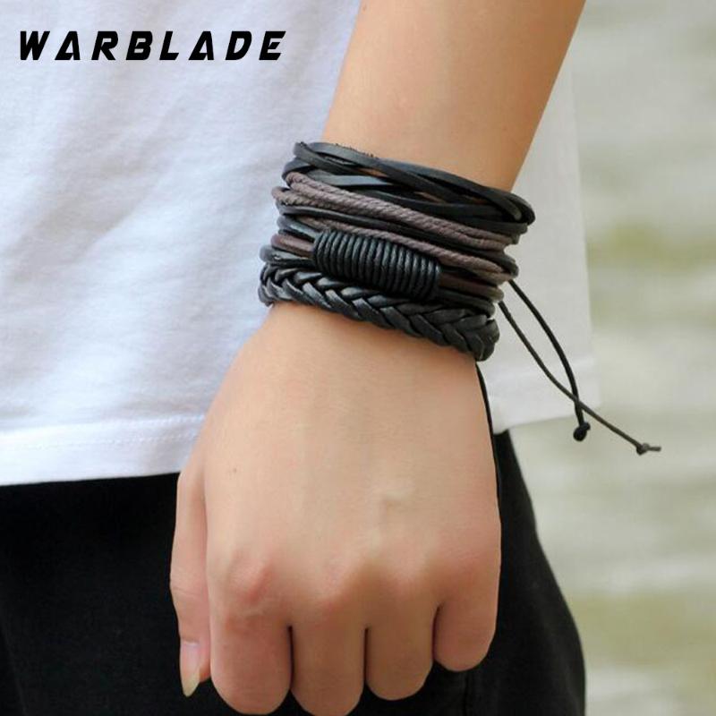 

WBL 2020 New Fashion 4pcs/set Men Bracelet Vintage Genuine Leather Braid Bracelets Bangles For Women Punk Wristband Man Jewelry