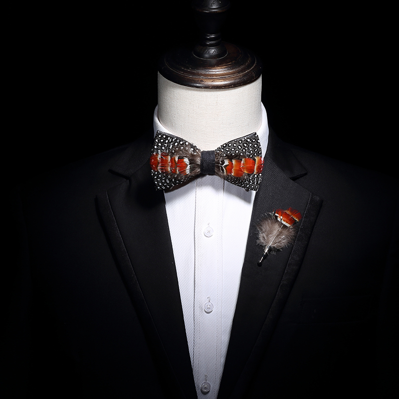 

New Free Shipping Men's male man Handmade natural feather wedding ceremonial nightclub party women high-end bow tie brooch set