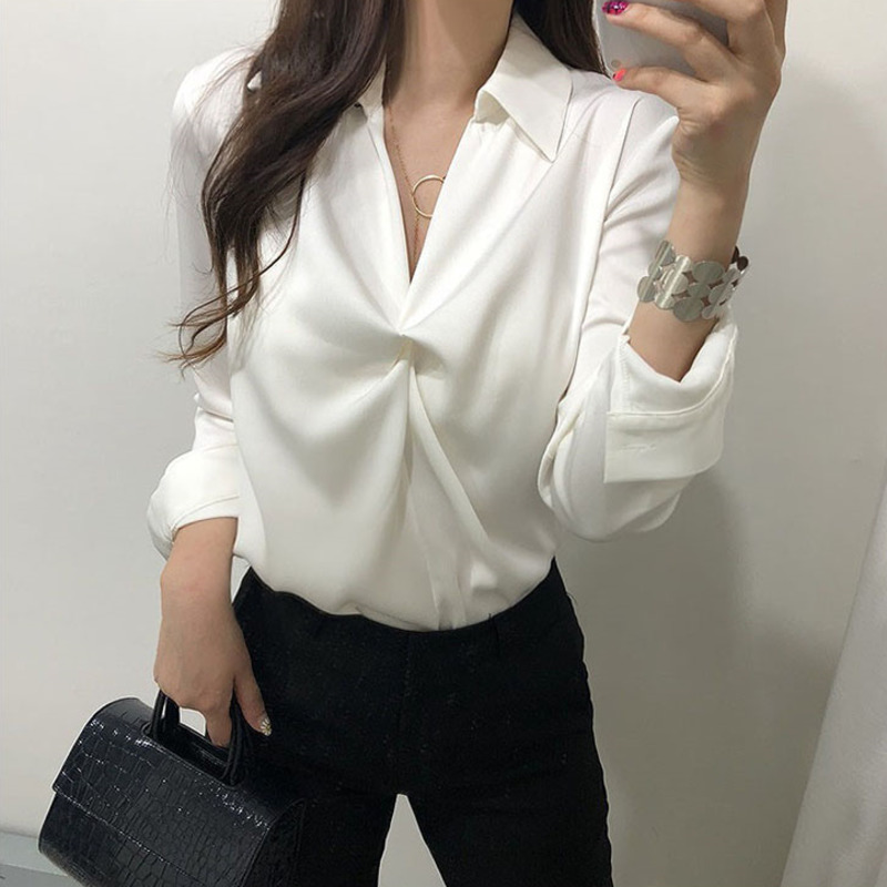 

EWQ] 2020 Summer New Simple Long Selleve Women White Tops And Blouses Temperament Cross Loose Sweet Ladies Shirt 4 Color QV212, Black