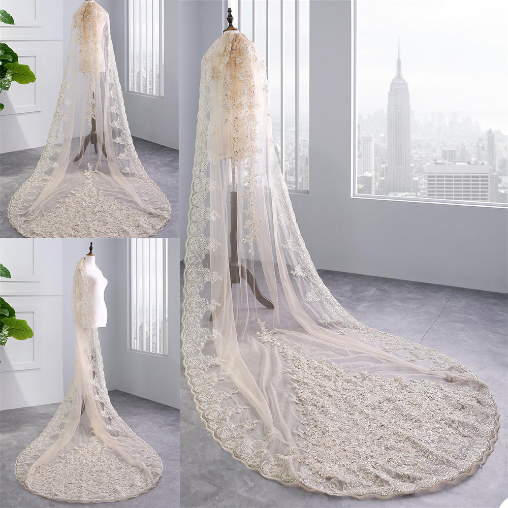 

2021 Champagne Wedding Veils Cathedral Length Bridal Veils Accessories Appliques Lace Edge Appliqued 3m Long Wedding Veil Custom Made, White