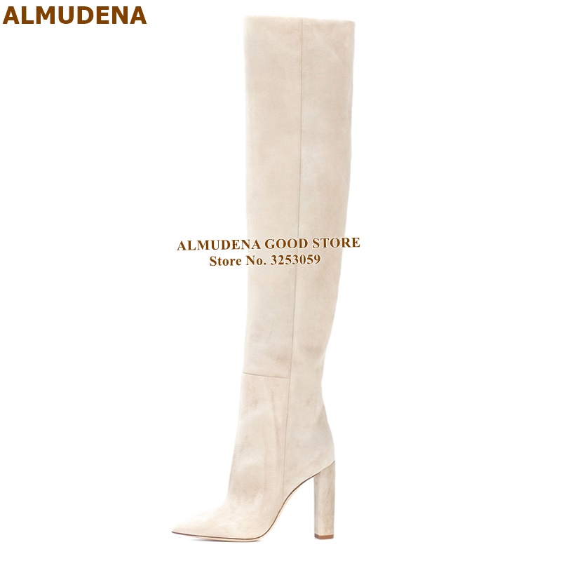 

ALMUDENA Color Suede Thigh High Boots Thick Chunky Heel Folded Over The Knee Boots Pointed Toe Nightclub Tall Dress, As picture
