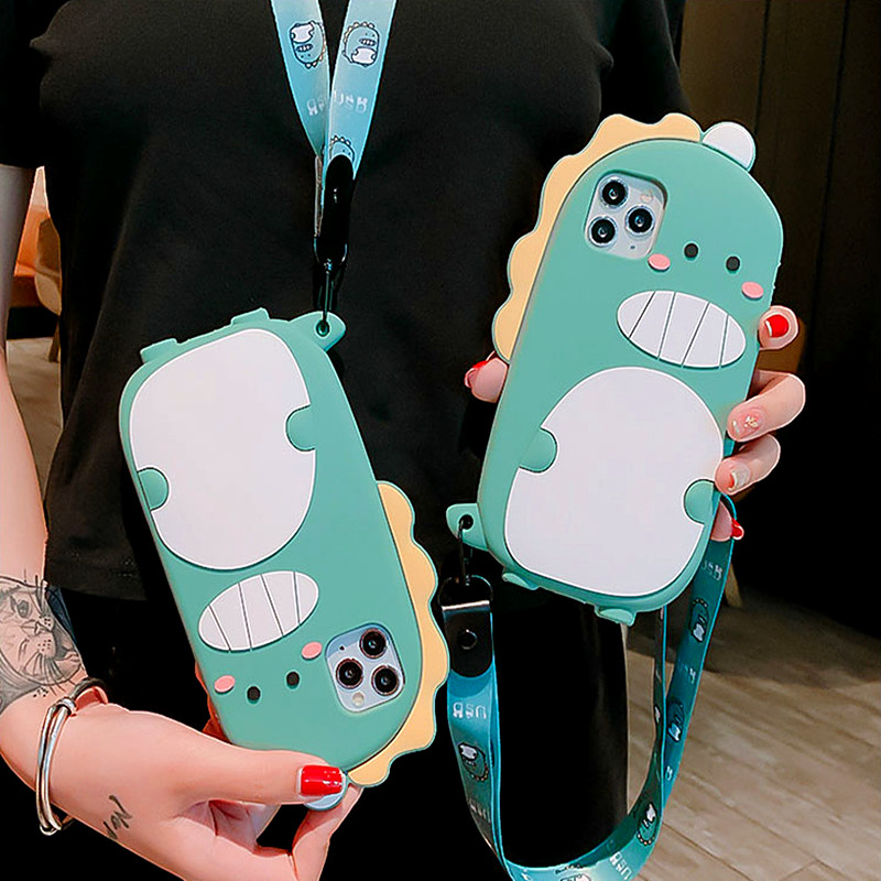 

Cute Cartoon Dinosaur Lanyard Phone Case For iphone 11Pro MAX Case Silikone For SE X XS Max 6s 7 8Plus Strap Anti-Drop Soft Couple Cover, Mix style