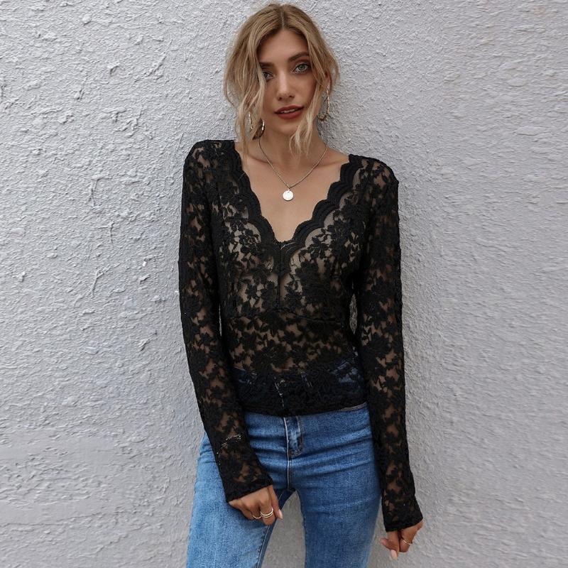 

Women' tshirts Fashion Sexy Slim fitting Lace t shirt for women V-neck Long Sleeve harajuku tee shirt Top camisetas mujer, Black