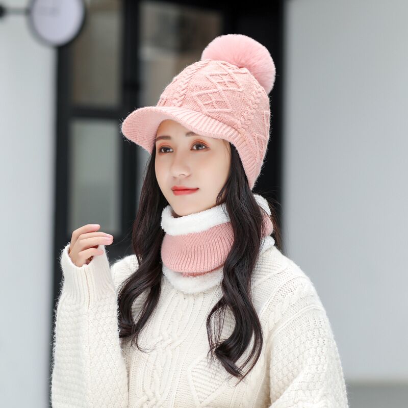

Winter Thick Girl Sweet lovely Knitted Hat Scarf 2Pcs Set Women's Hats Ear protection sunhat Warm Skullies Beanies Female Cap, Pink
