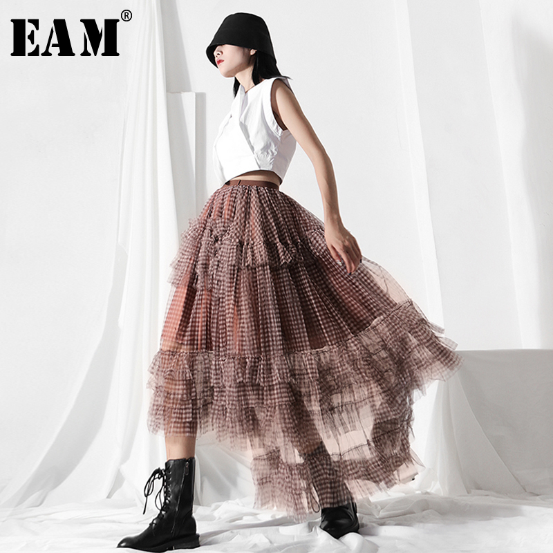 

EAM] High Elastic Waist Khaki Plaid Mesh Ruffles Stitch Long Half-body Skirt Women Fashion Tide New Spring Autumn 2020 1Y409