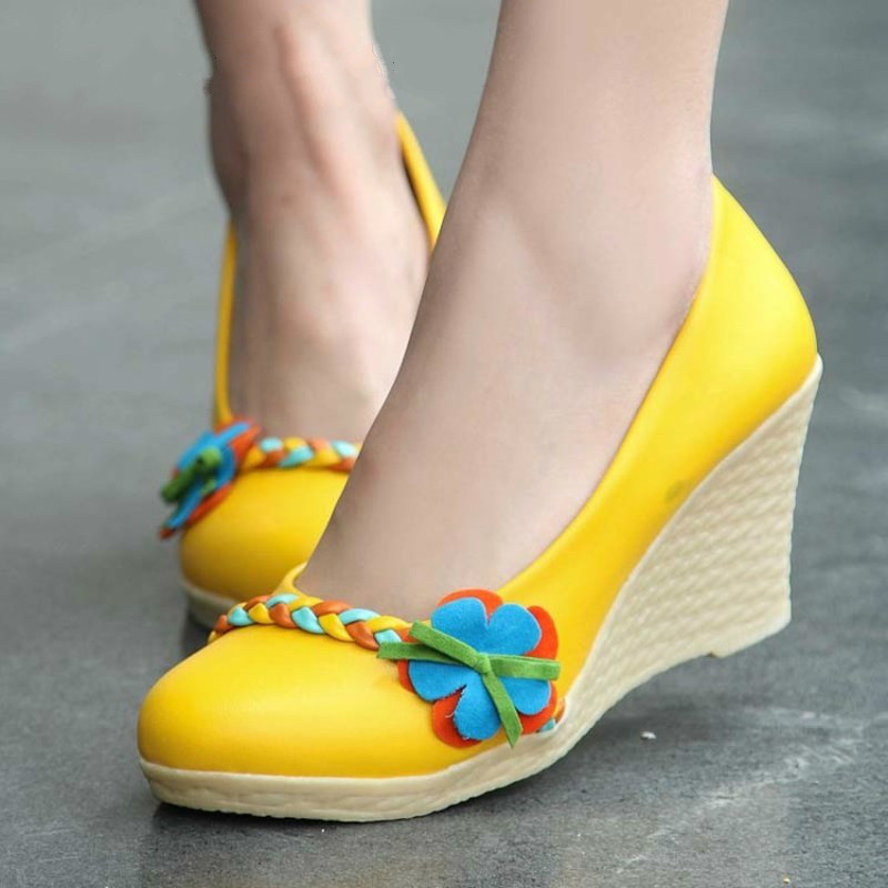 

Pumps Spring and autumn The New fashion Round head Shallow mouth Color matching Flower Wedge mid heel Women's shoes 34-39, Green
