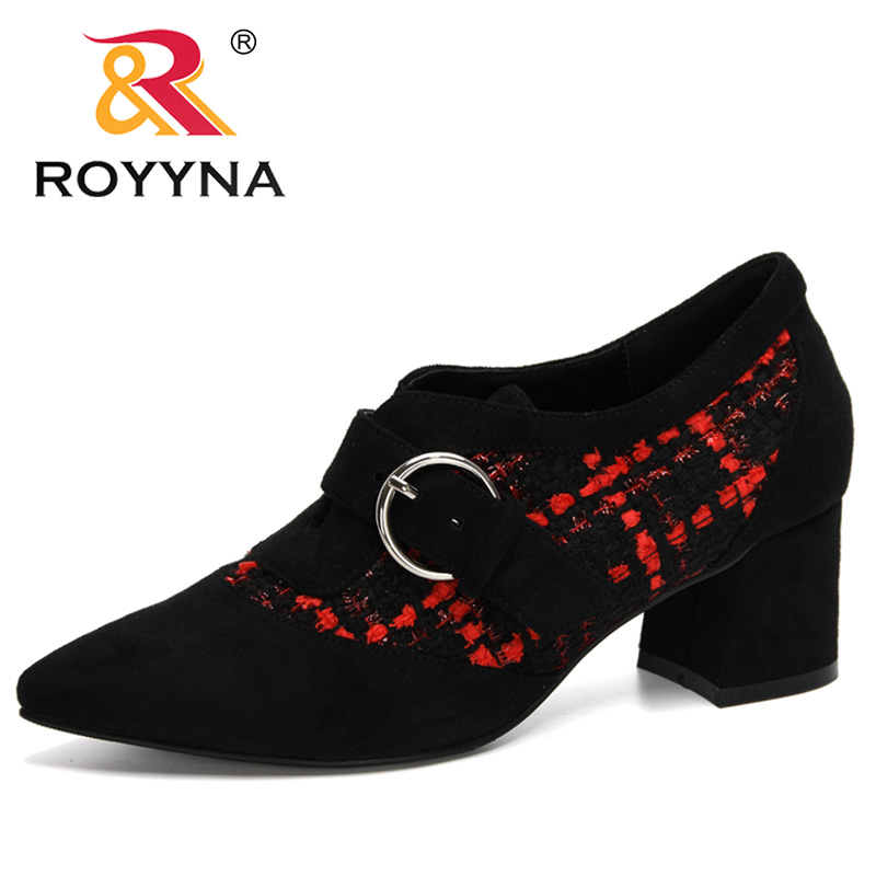 

ROYYNA 2020 New Arrival Chunky Heel Single Shoes Woman Pumps High Heels Pointed Toe Slip On Ladies Buckle Wedding Shoes Women, Black white