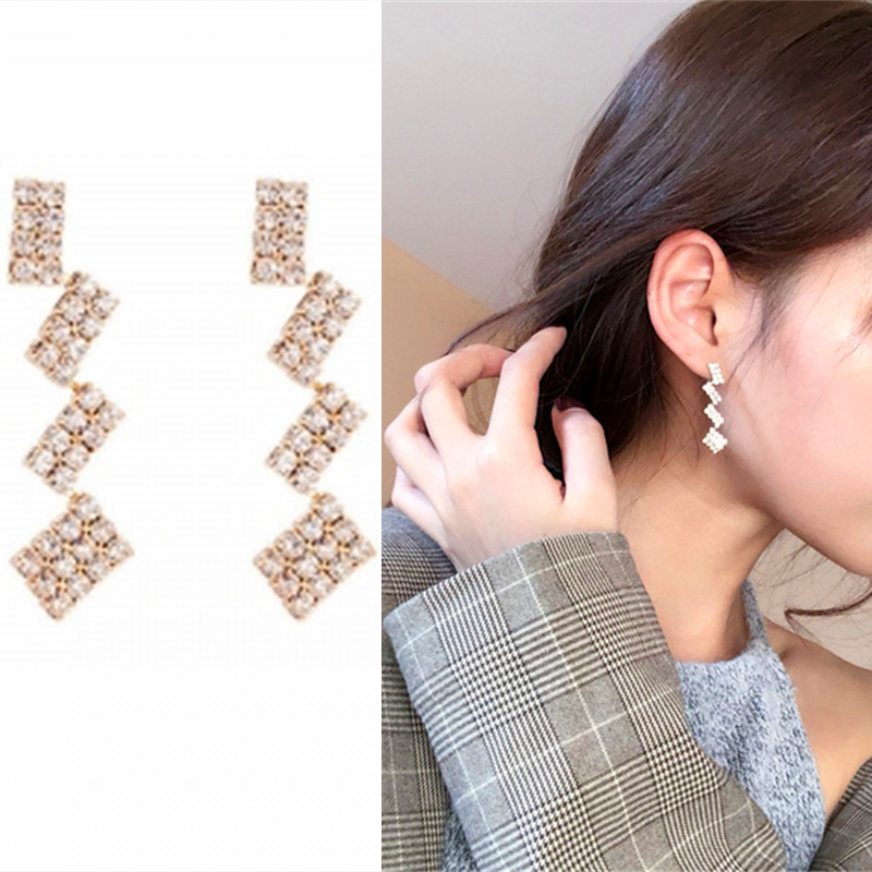 

Korean Geometric Stud Earrings Vintage Long Square Stitching Crystal Earring For Women Hot Fashion Brincos Jewelry Wholesale