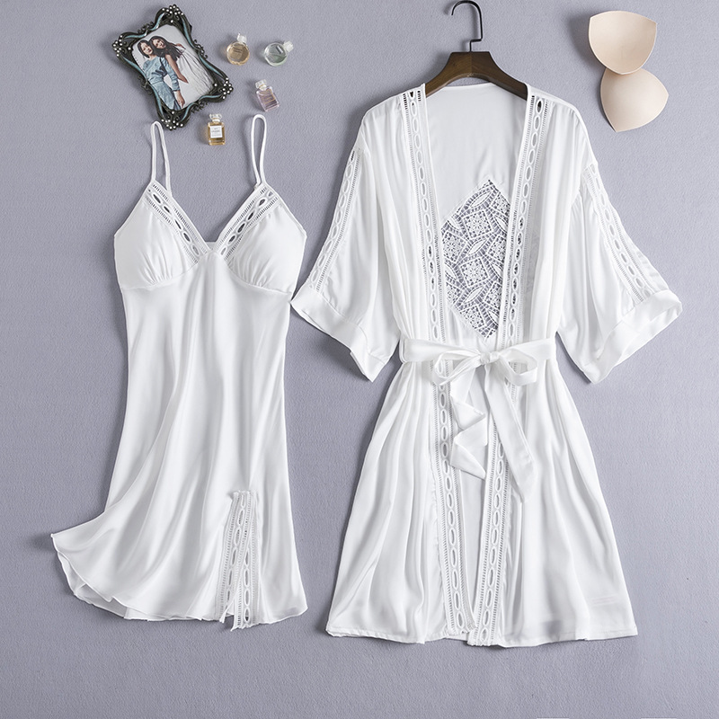 

Sexy Hollow Out Women Nighty&robe Set Kimono Bath Gown White Wedding Robe 2PCS Sleepwer Thin Satin Mini Nightdress Nightgown