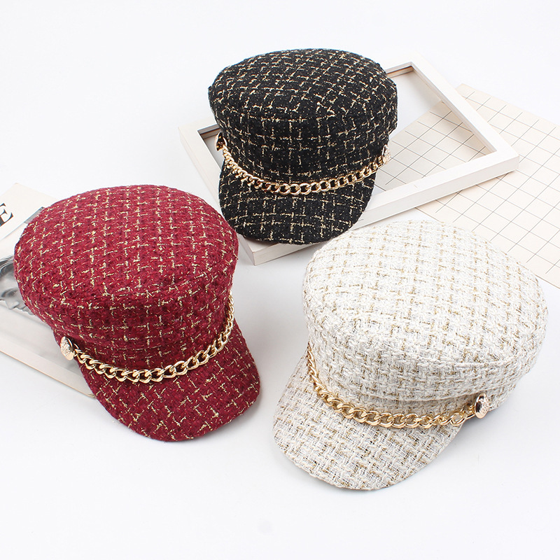 

Navy Hat Female Hat Cool Chain Beret Korean Style British Retro Plaid All-match Flat-Top Cap, Burgundy