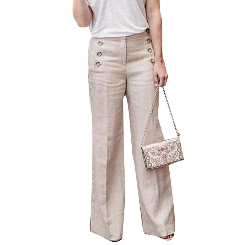 

Women Casual Pants Solid Color Buttons 2020 High Waist Wide Leg Pants Women Cotton Linen Long Trousers Fashion Autumn, Black