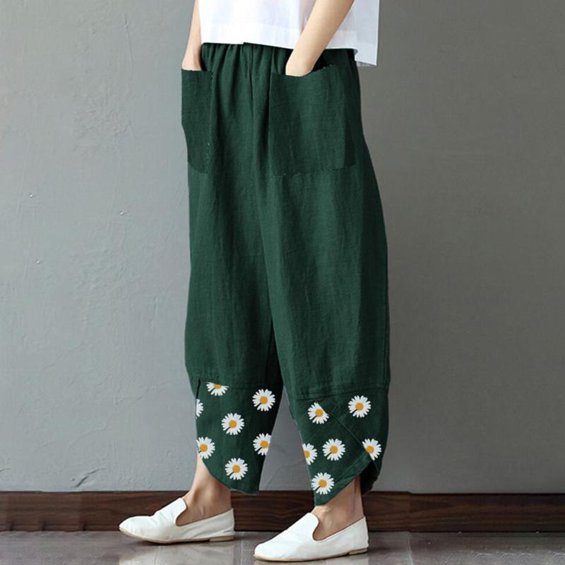

Women Casual Harem Pants Summer Elastic Waist Wide Leg Pants Vintage Floral Printed Trousers Female Loose Pantalon Plus Size, Green