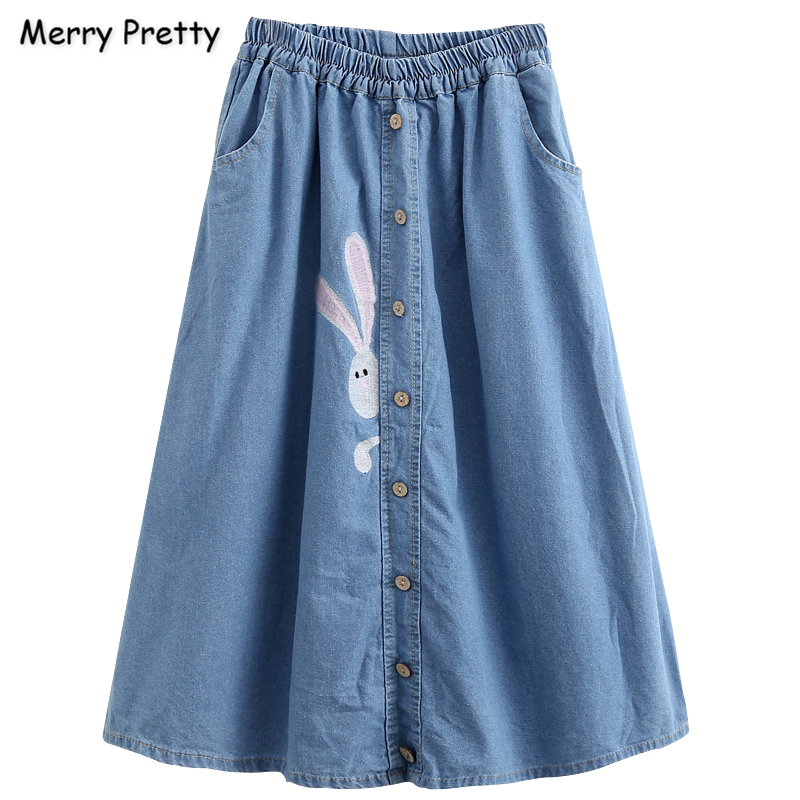

Merry Pretty Women's Denim Skirts Cartoon Embroidery Single-Breasted A-Line Skirt 2020 Autumn Hight Waist Pocket Blue Jean Skirt, Light blue