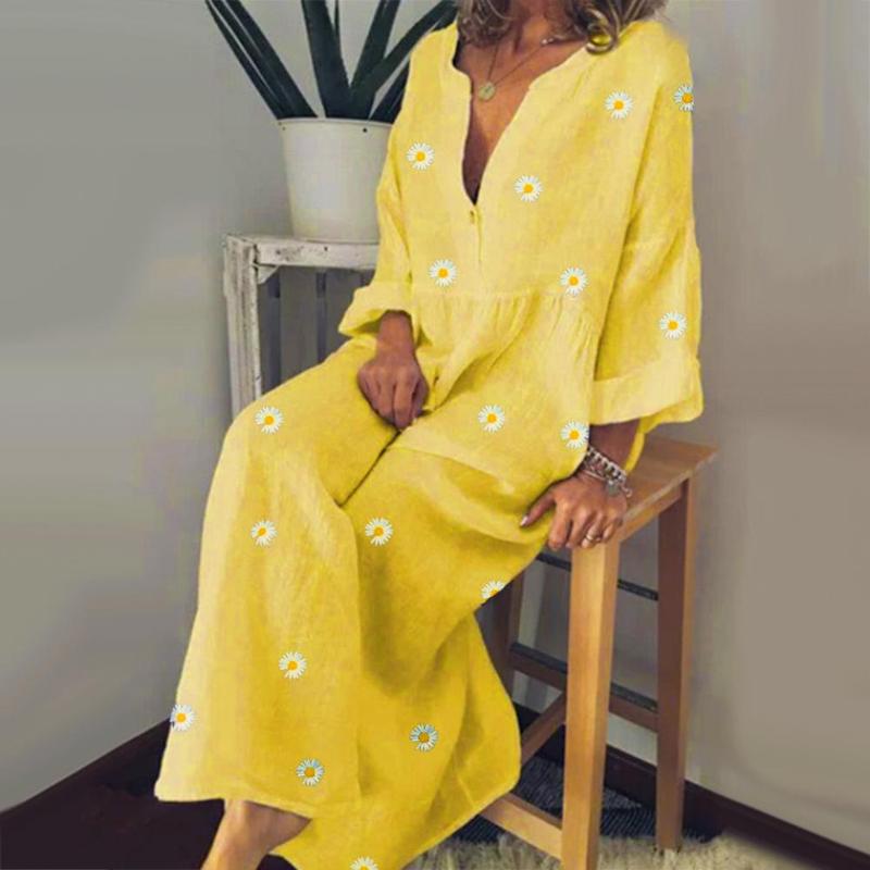 

Summer Women Fashion Deep V Neck Long Sleeve Marguerite Print Large Hem Long Dress female Casual Loose Style beach Dressess, Green