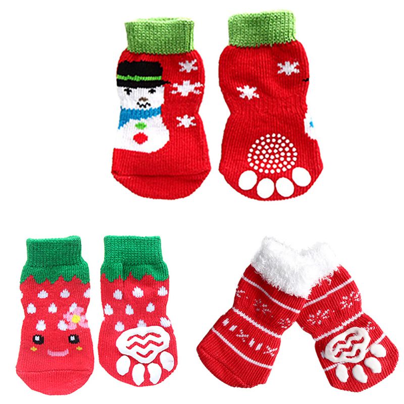 

4pcs/Set Cute Puppy Dog Knit Christmas Tree Socks Small Dogs Cotton Anti-Slip Cat Shoes For Autumn Winter Indoor Protector