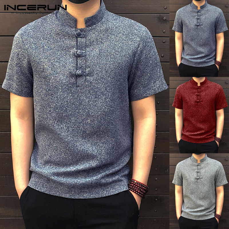 

2020 Retro Chinese Men Shirt Social Tee Ethnic Tunic ManTee Tops Masculina Chemise Dress Stand Collar Casual Shirt Camisa Tops, Wine red shirt