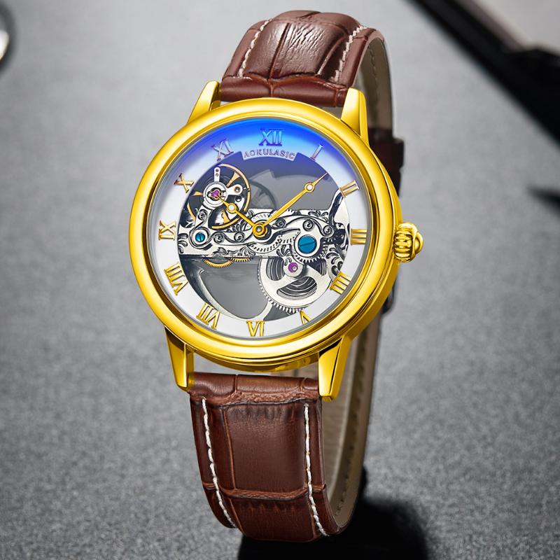 

Luxury Unique Transparent Automatic Mechanical Watch Men Skeleton Gear Self Winding Fashion Leather Clock Montre Homme Reloj, Mechanical watch 6