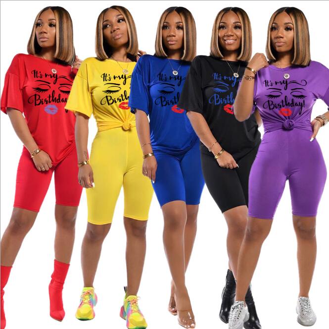 

2020 New Summer Womens Two Piece Biker Shorts Sets T-shirts Top Biker Shorts Jogger 2 piece Set Casual Active Print Outfits, Red