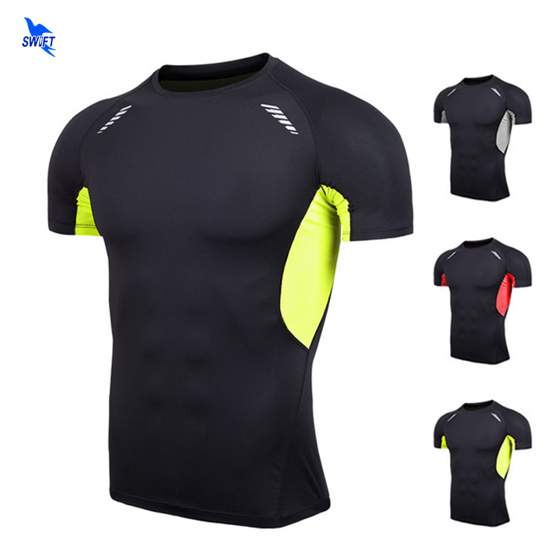 

Mesh Patchwork Compression Men Short Sleeve Running T-Shirt Quick Dry Fitness Stretch Tennis Soccer Shirt Gym Sportswear Clothes, Black