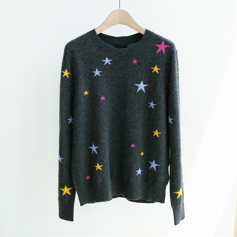 

100% Cashmere Sweater Women O-neck Colorful Stars 2020 Early Autumn Long Sleeve Knit Pull Female Casual Clothes, Gray