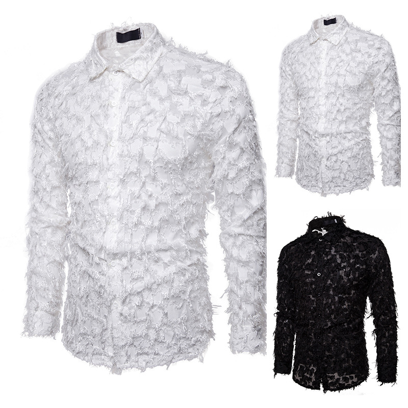 

White Fake Feather See Through Shirt Men 2020 Fashion Transparent Sexy Dress Shirts Mens Party Event Prom Halloween Costume 3XL