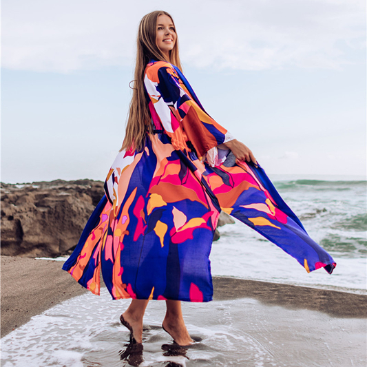 

Ladies Tropical Bikini Cover-up Bohemian Printed Long Kimono Cardigan Plus Size Women Summer Cotton Beach Wear Swim Suit Tunics, Picture color