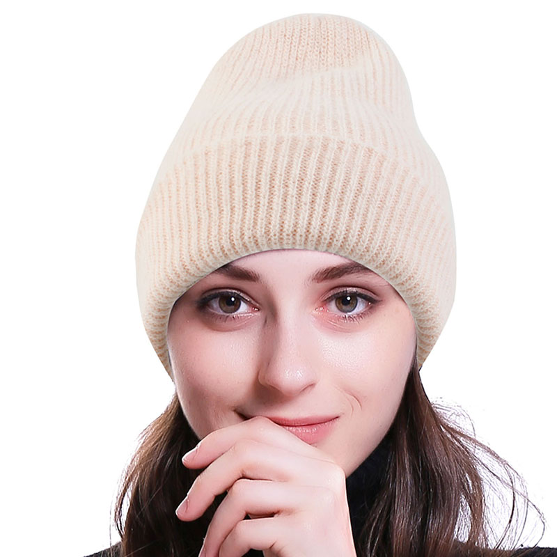 

Winter Warm Women Knitted Beanies Casual Soft Skull Cap Plain Color Elastic Skullies Autumnhat with velvet thick for female Hats, White