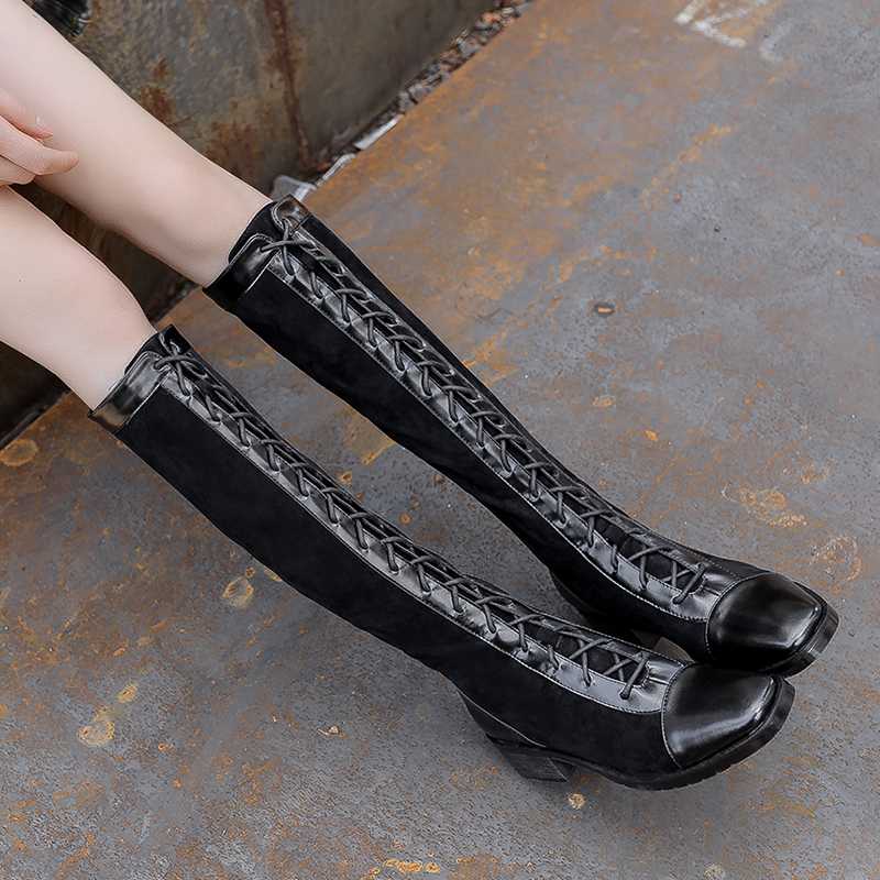

Rome Cross Lace-up Boots Women Thigh high Boots Knight knee-high boot Autumn Woman Shoes Winter Women Size 32-43, Black warm lining