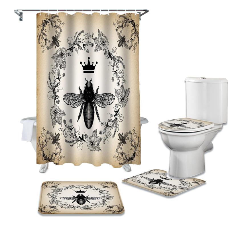 

Retro Flower Bee Crown Wreath Shower Curtain Sets Non-Slip Rugs Toilet Lid Cover and Bath Mat Bathroom Curtains Set