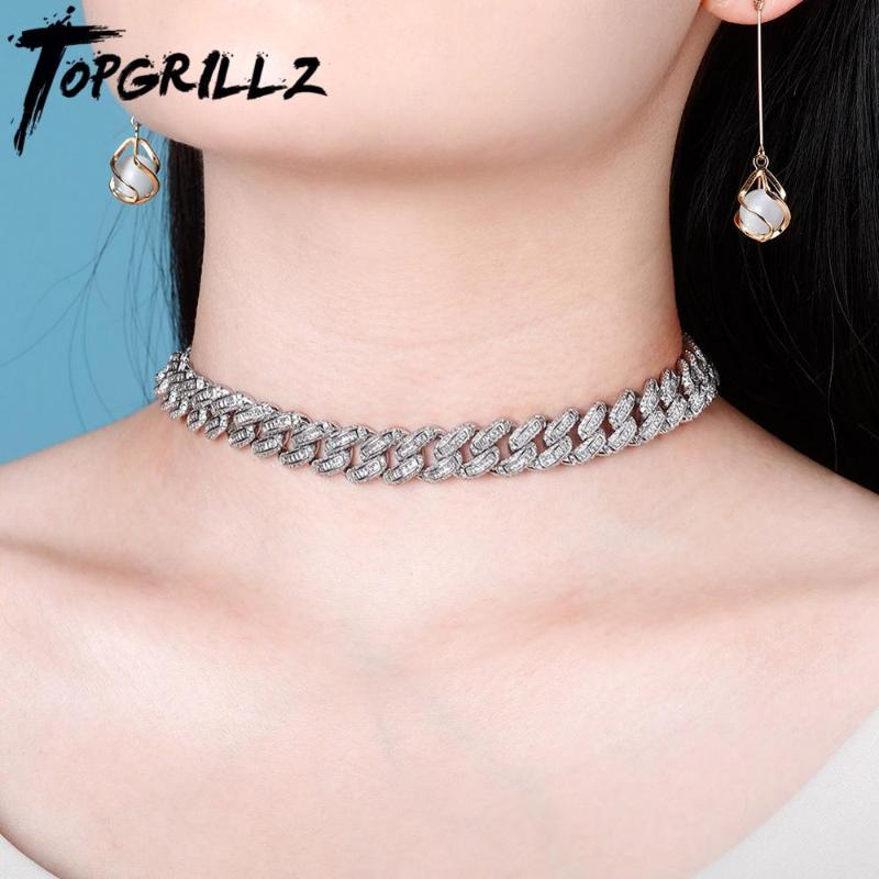 

TOPGRILLZ 14mm Chokers Necklace Miami Box Clasp Cuban Link Chain Charm Baguette Zircon Necklace Hip Hop Fashion Jewelry 14"15