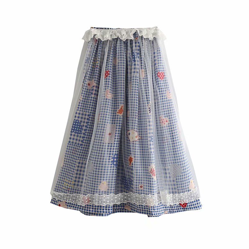 

Women Skirts Mesh Patchwork Cartoon Print Plaid Skirt Preppy Style Ladies Hight Waist Knee Length A-line Skirt Basic Bottoms, Blue
