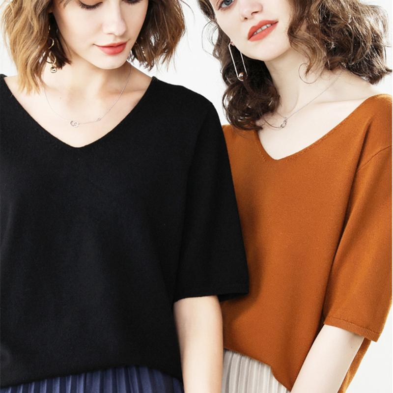 

Spring Summer Thin Pullover V-Neck Sweater Women Short Seeve Loose Knitted Bottoming Shirt Wool Top, Red