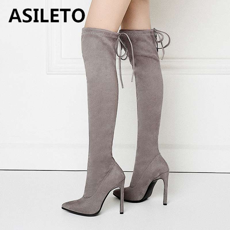 

ASILETO big size 12 Autumn winter shoes woman slim stretch fabric over the knee boots women pointed toe cross tied high heels, Black