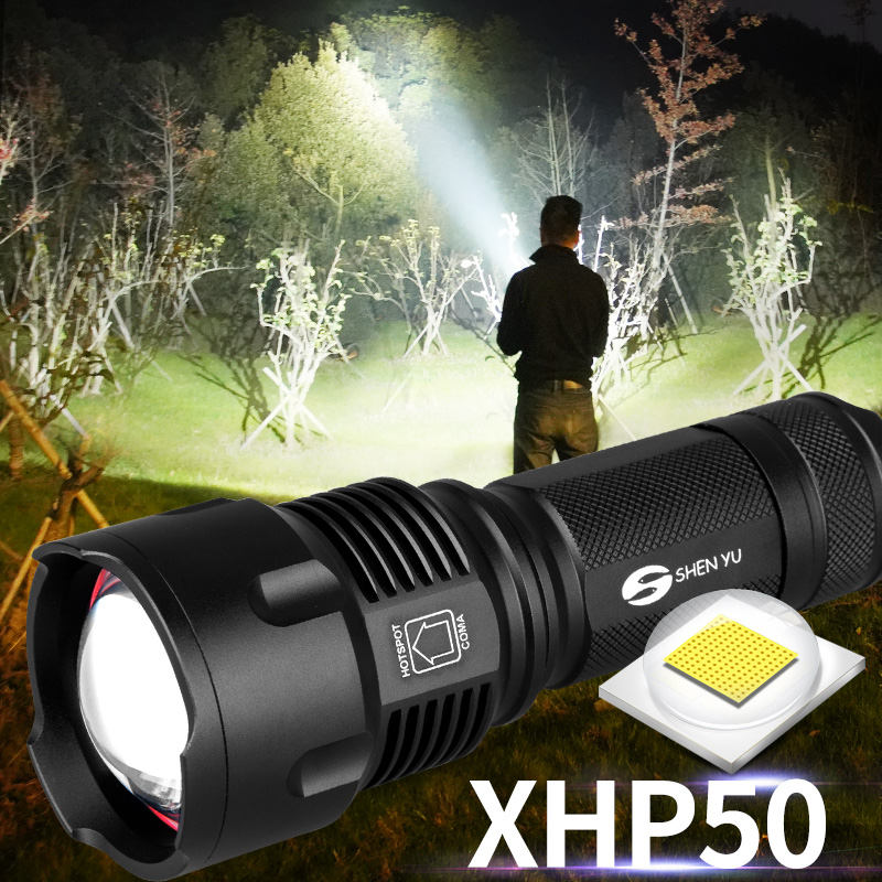

Powerful Tactical LED CREE XHP50 T6 L2 Zoom Waterproof Torch for 26650 Rechargeable or Battery