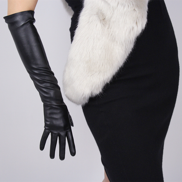 

Women's PU leather black color touchscreen long gloves female fashion long driving glove 50cm R1226