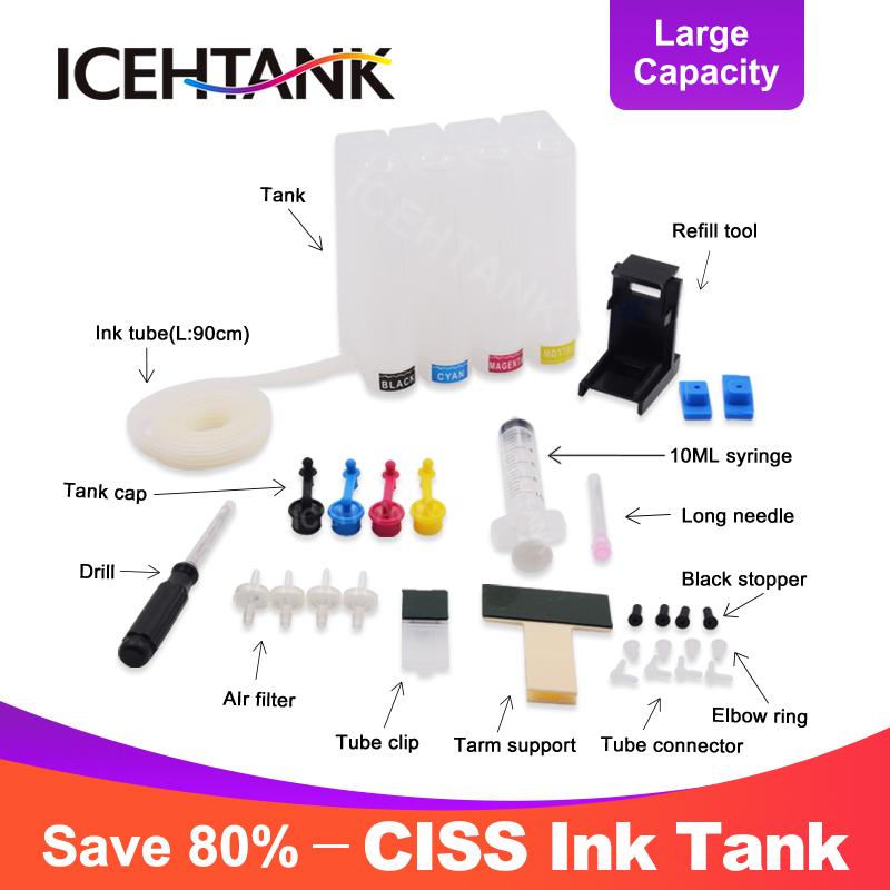 

ICEHTANK Ciss Bulk Ink For 301 304 302 123 122 652 650 21 22 300 140 141 121 XL Continuous Ink System Tank Printer Ciss