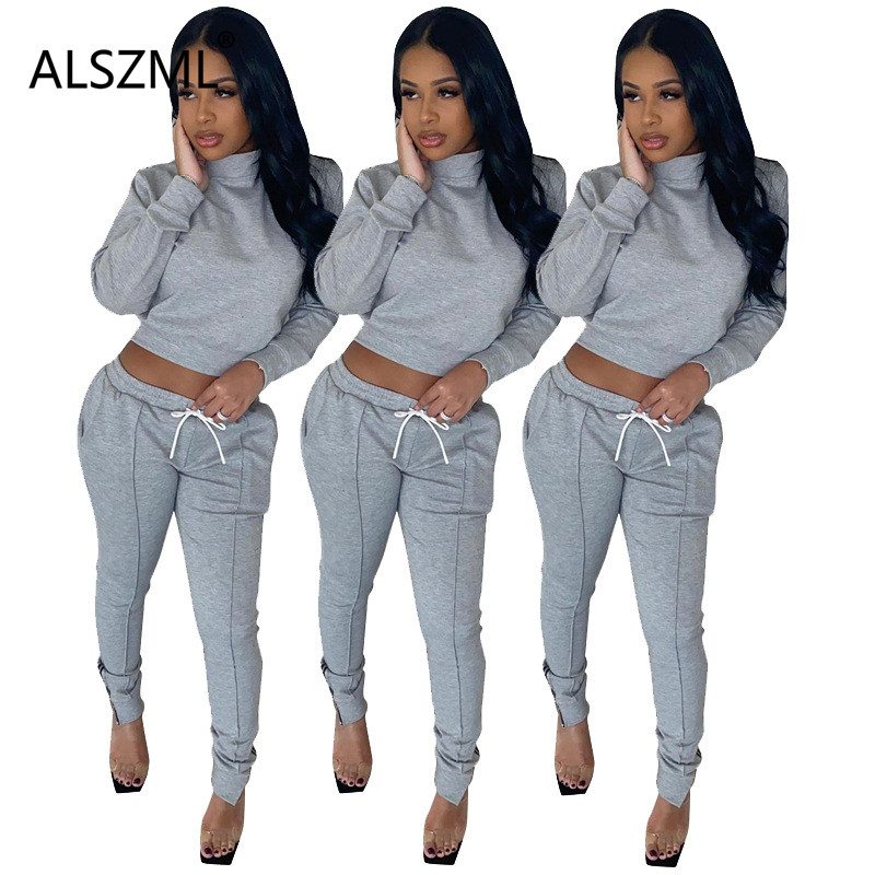 

gray o neck long sleeve crop top and tight pants 2 pieces set high street casual lady fashion tracksuits