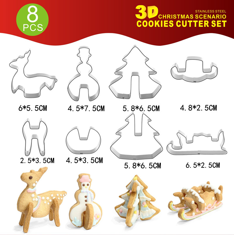 

8pcs 3D Stainless Steel Christmas Cake Cookie Fondant Cutter Mold Baking Mould Tools Christmas New Year Kitchen Accessories