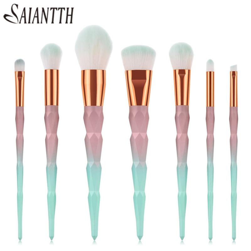 

SAIANTTH 7pcs diamond gradient pink green makeup brushes set foundation blush powder eyeshadow eyeliner lip beauty pincel kit