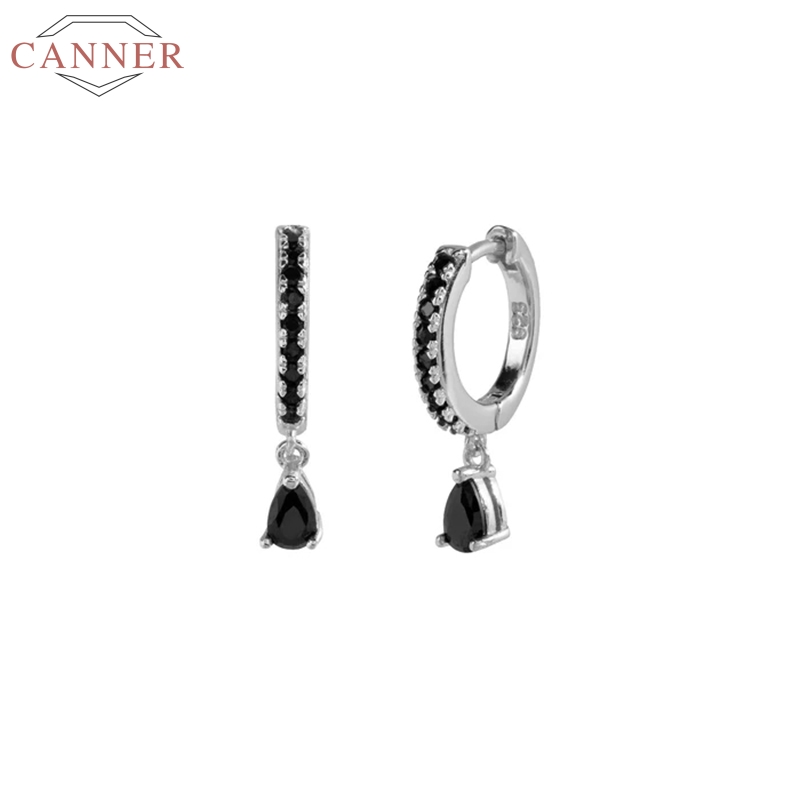 

CANNER 925 Sterling Silver Hoop Earrings For Women Water Drop Black Zircon Earring Hoops Earings Luxury S925 Jewelry Pendientes
