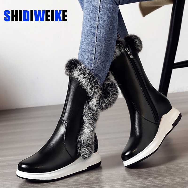 

2020 Shoes Woman Warm Mid Calf Boots Warm fur Ladies Snow Boots Woman Plush Insole Winter botas mujer n068, Black