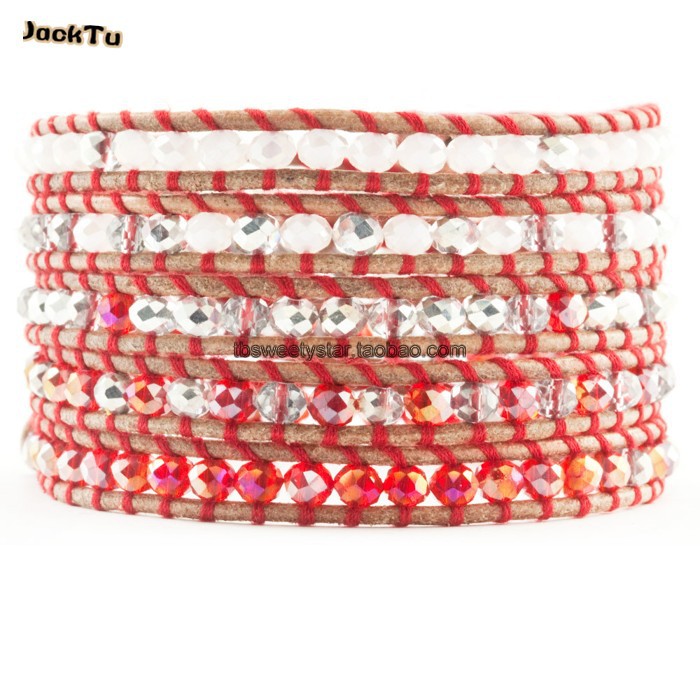 

summer red white mixed crystal beige leather wrap bracelet