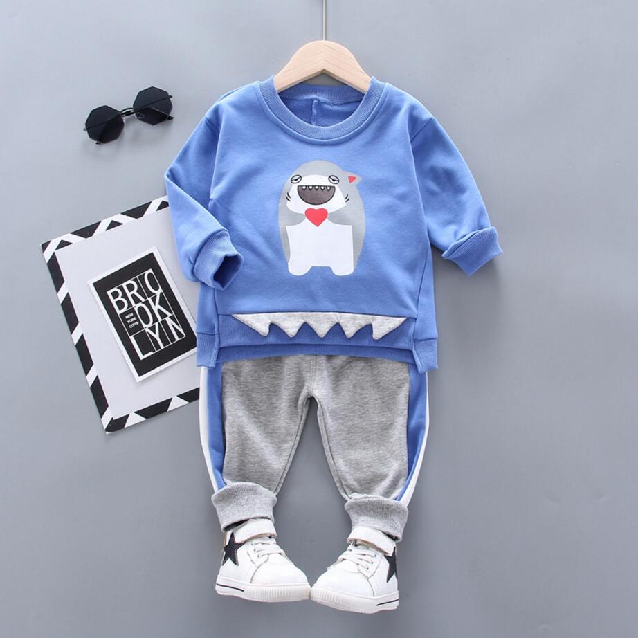 

2020 New Spring Autumn Fashion Baby Boy Clothes Cotton Cartoon Shark Hoodie+Pants 2pcs Baby Boy Clothing Set, Rice white