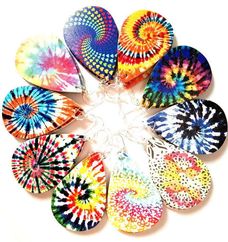 

New Women's Faux Leather Floral Print Teardrop Dangle Pierced Earrings