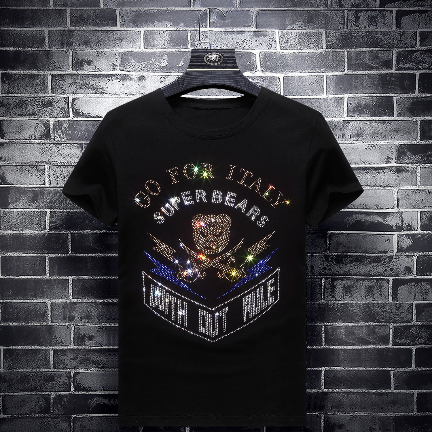 

2020 summer fashion brand fashion slim men's hot diamond short sleeve T-shirt men's youth half sleeve large size clothes, White;black